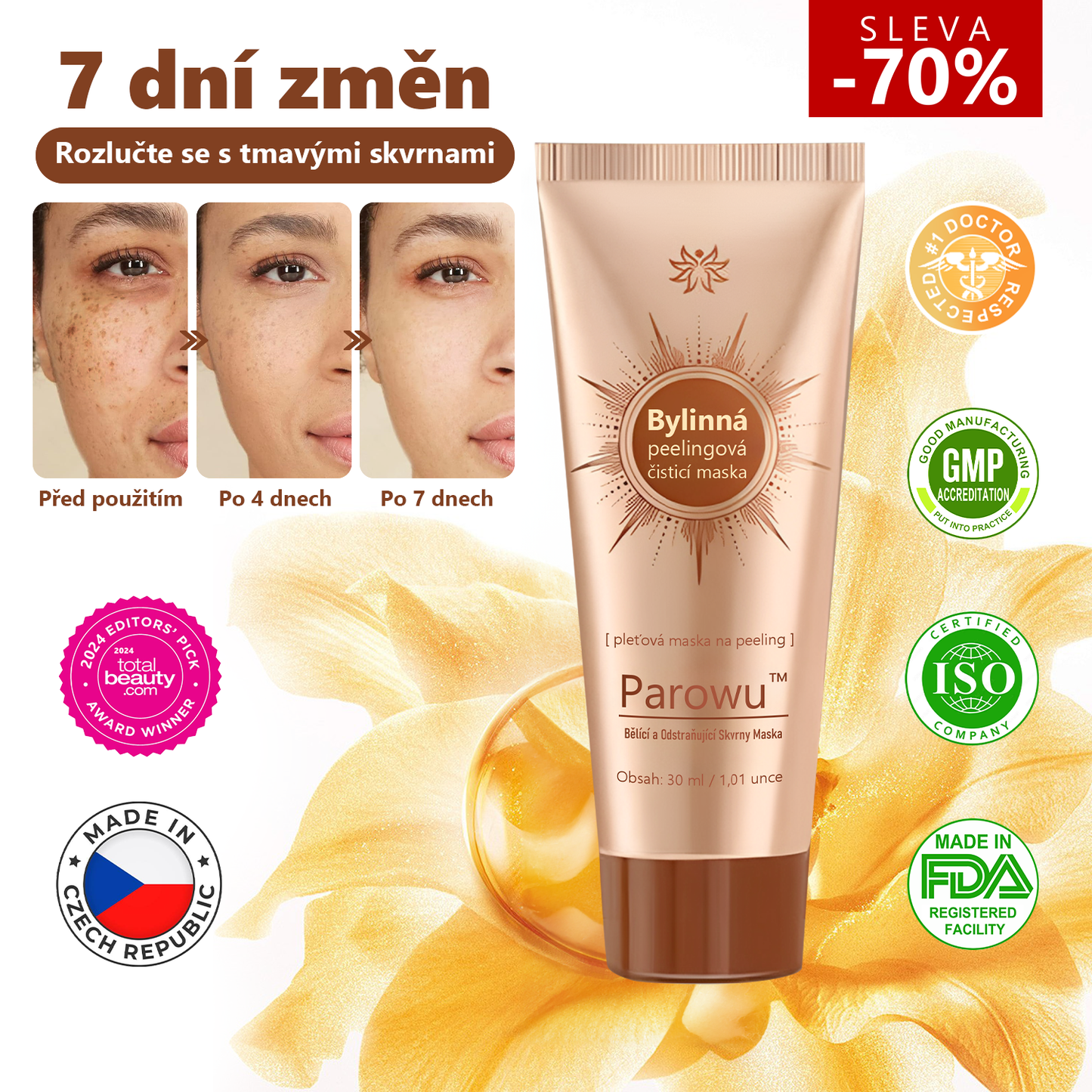 Parowu™ Bělící a Odstraňující Skvrny Maska -Přírodní složky trvale odstraňují pigmentové skvrny, stařecké skvrny, pihy a sluneční skvrny.